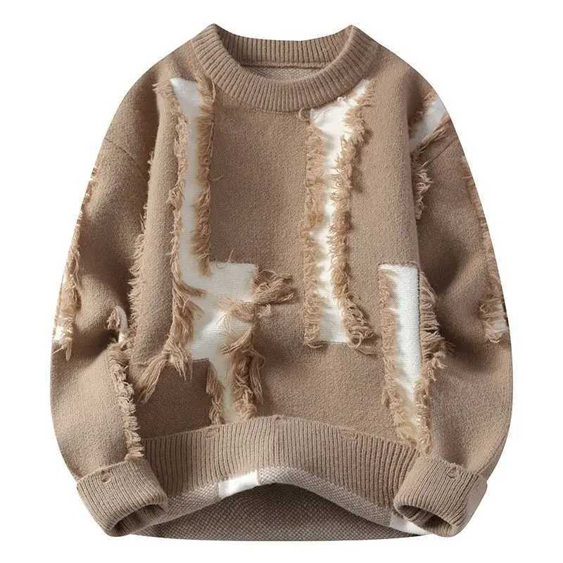 Y2K color matching personalized hole sweater mens thick autumn and winter new loose warm jacket suitable for students and teenagers W250110