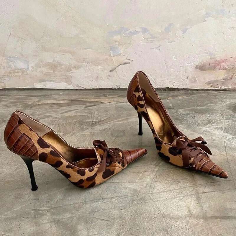 Sexy Leopard Print Pointed Pumps Strapes Masquerade For Women 2024 Fashion Bow Design Thin High Heel Shoes Dress Accessories