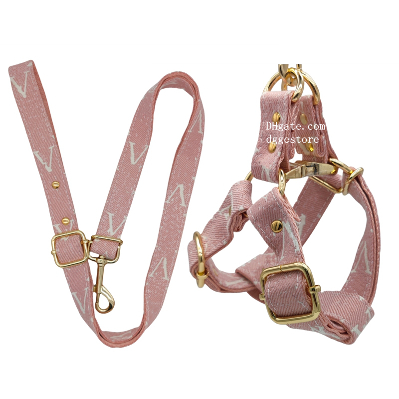 free shipping Designer Leash Set No Pull Dog Harness ic Jacquard Patterns Durable Nylon Collar with Metal Buckle for Small Medium Large Dogs XL Pink B