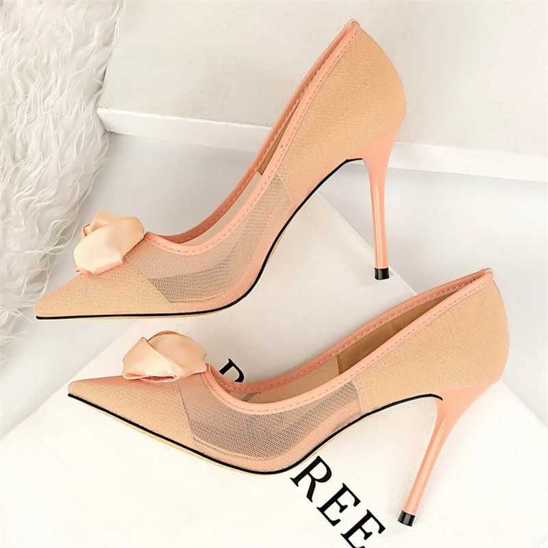 New Arrival BIGTREE New Womens Sexy Nightclub Steel Tube Dance Show Thin High Heels High Mesh Hollow Satin Rose Womens Pump T250110
