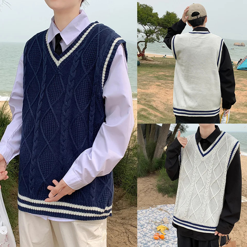 Mens Classic Contrast Color Thermal VNeck Comfortable Cardigan Sleeveless Slight Strech Solid Vest Simple Loose Waistcoat Tops 250107