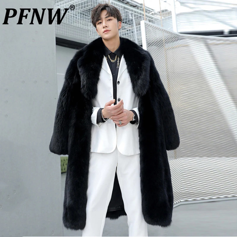 PFNW Autumn Winter Mens Black Lapel Faux Fur Coat Thickened Warm Knee Length Overcoat 2024 Trend Cardigan Coats 12C1886 250107