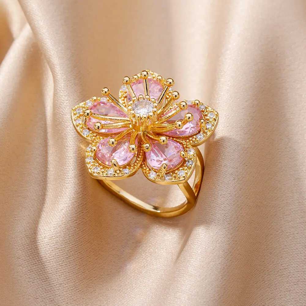 Pink Zircon Flower Rings for Women Gold Color Stainl Steel Ring 2024 Trend Elegant Floral Luxury Aesthetic Jewelry anillosXJ250110