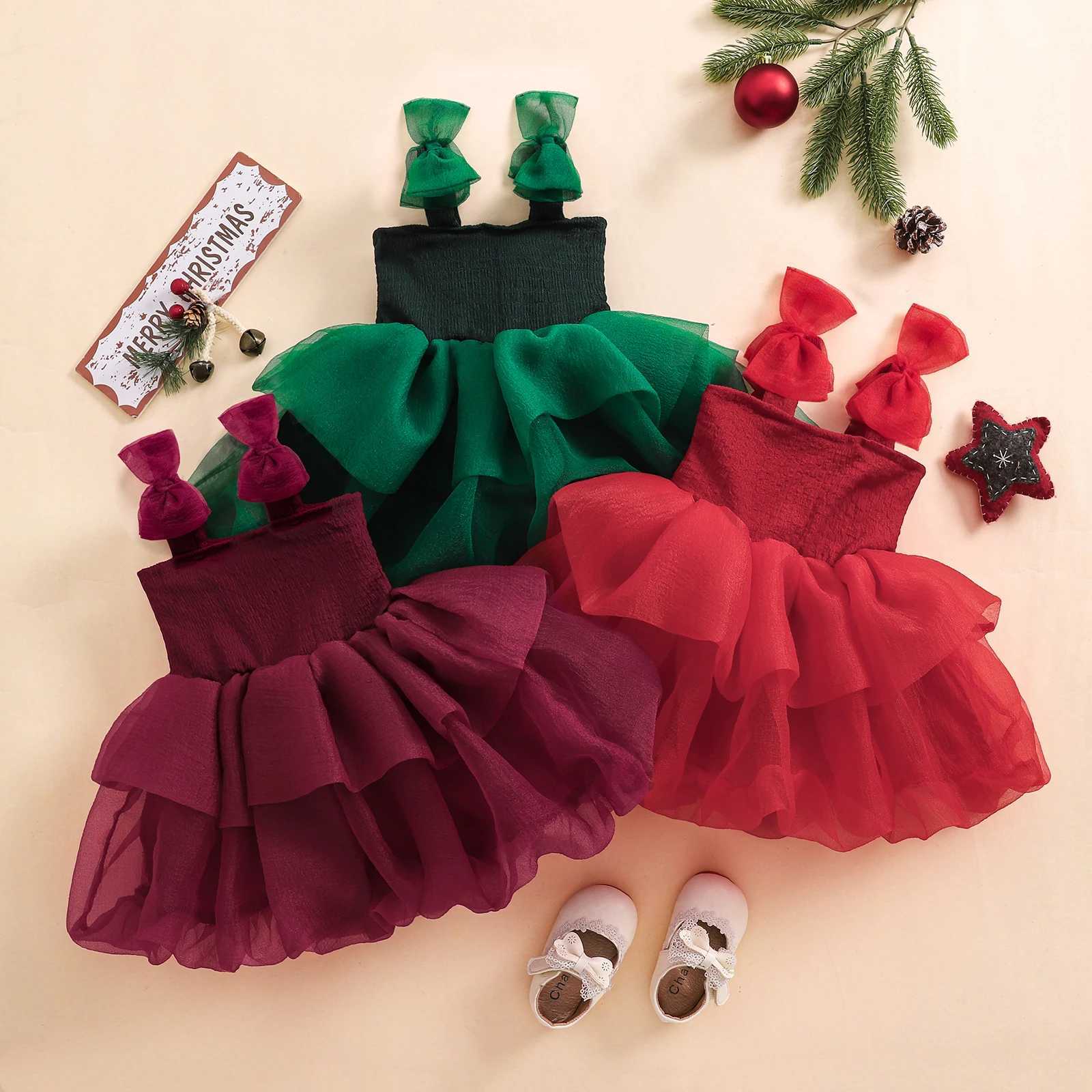 6M-6Y Christmas Childrens Baby Girls Red Dress Sleeveless Bow Layered Tulle Tutu Par Dress Girls Christmas Clothing W250111