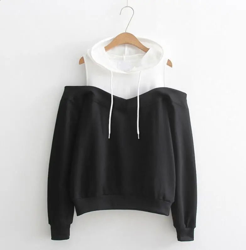 Autumn fashion Strapless shoulder fake two-piece hooded sweatshirt women 250106