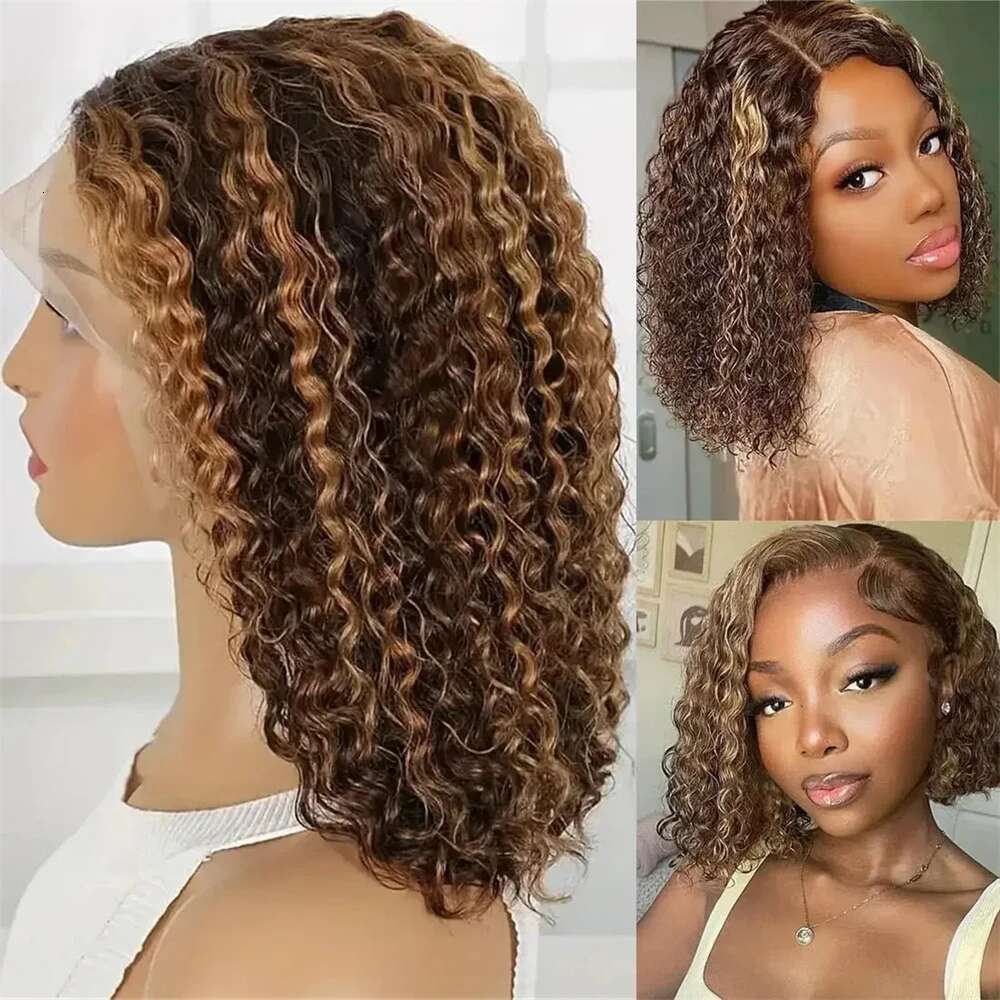 Highlight Short Wave 13X4 Lace Wigs Brazilian Human Hair Deep Curly Full Frontal Bob Wig Ombre Color