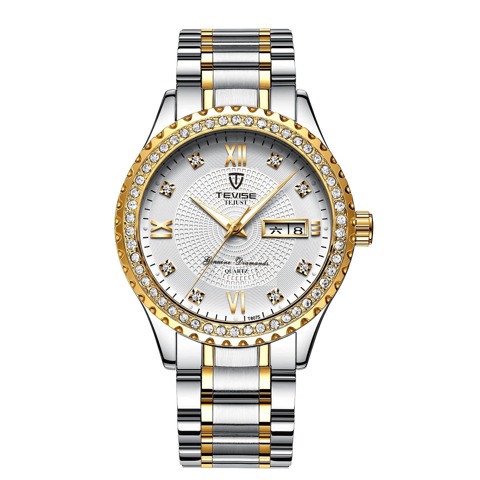 TEVISE Automatic Quartz Watch Designer Diamond-encrusted Waterproof Watch with Day and Date Display for Both Men and Women WristWatch T049-T807B