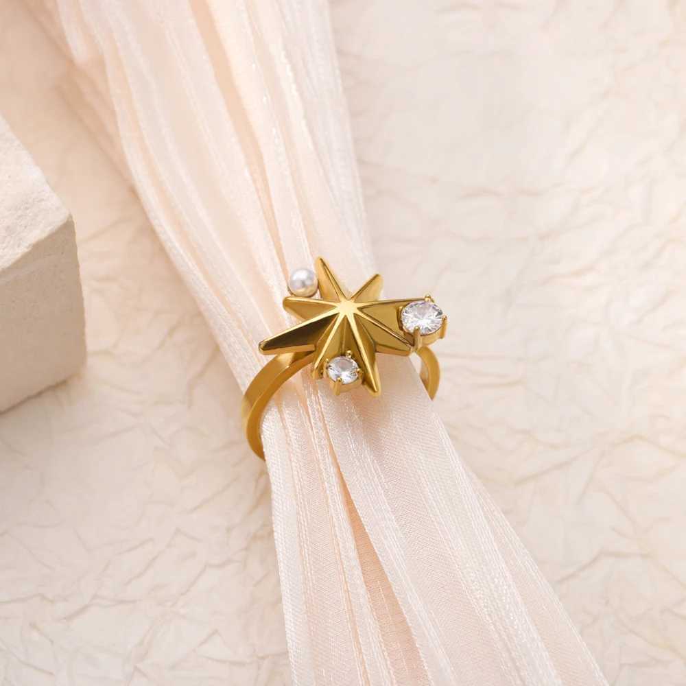 Elegant Zircon Pearl Stainl Steel Gold Plated Ring for Women Open Adjustable Star Geometry Jewelry Accory Tren 2025 NewXJ250110