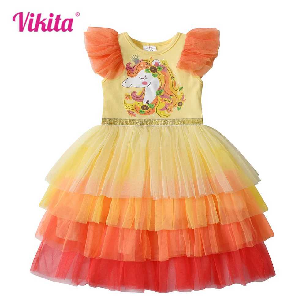 Vikita childrens summer vest girl flame sleeves mesh sheer laminated princess birthday Par Tutu dress girl print dress W250111