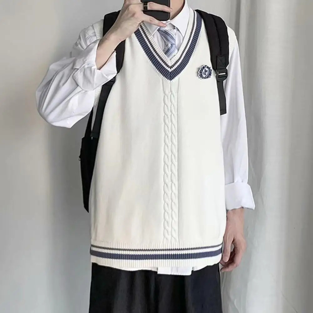 College Style Sleeveless V Neck Sweater Vest Autumn Winter Patchwork Color Twist Men Knitted Daily Clothing 250107