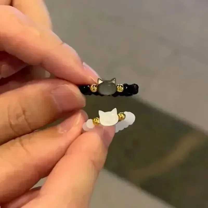 2 pieces of natural moonstone obsidian ring beads minimalist violin ring cute black and white cat ring womens party accessories jewelry W250111