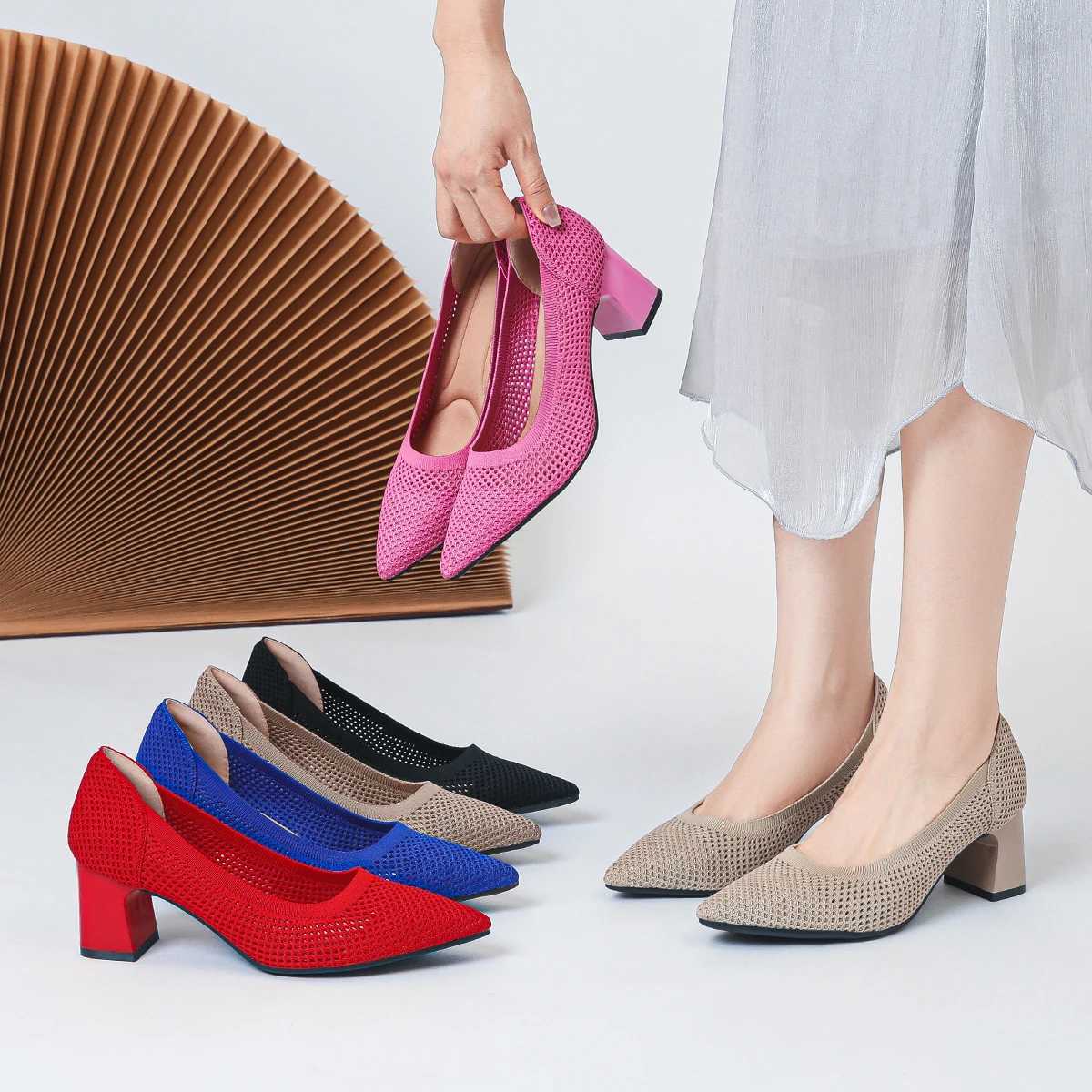 New Arrival Womens high heels toe knitted breathable square toe shoes (6cm high standard EUR size please purchase according to toe) T250110