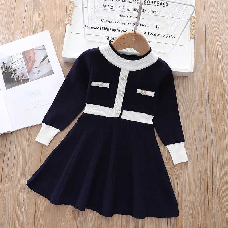 2025 Childrens Girls Spring and Autumn Dress Exquisite Pearl Round Neck Childrens Girls Frog Color Comparison Knitted Childrens Girls Dress W250111