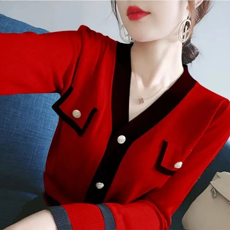 Spring Autumn Fashionable Knitting Cardigan Fashion All-match Sweater Ladies V-neck Long Sleeve Top Tee Women Clothes 250106