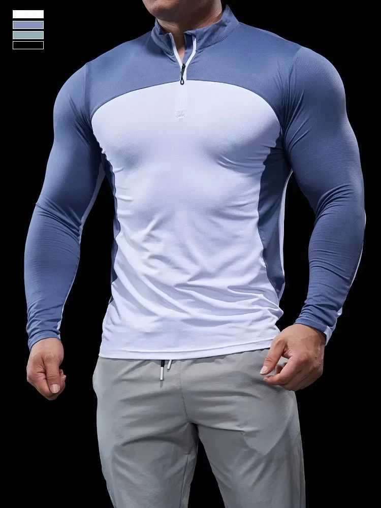 Mens Spring and Autumn Long Sleeve Tight Fitness Clothing Polo Shirt Half Zipper Quick Drying Elastic Exercise Slimming Fitness Top W250111