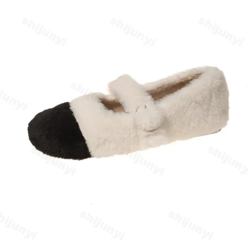Fashion Square Toe Fluffy Ballet Flats Woman 2025 Winter Warm Plush Loafers Ladies Comfort Fur Mary Jane Shoe Zapatos 250106