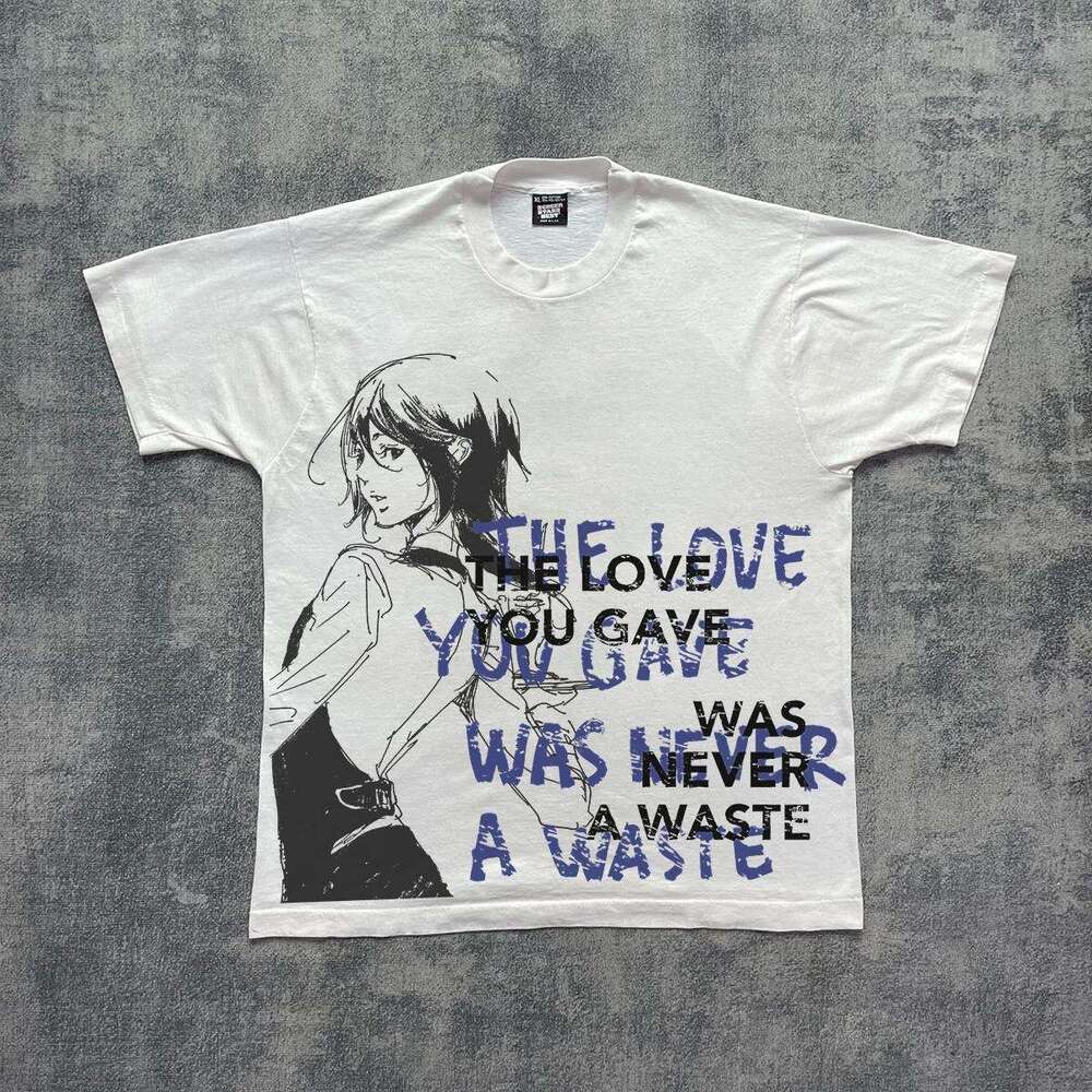 Cartoon anime character letter printed short sleeved men's casual loose and versatile trendy brand white T-shirt ins half cut sleeve