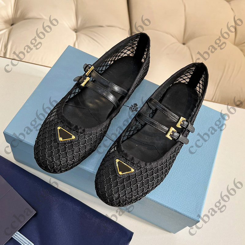Designer Ladies Flat Diamond Breathable Mesh Ballet Shoes Round Toe With Double Row Metal Adjustment Buckle Mary Jane Shoes Classic Black Pink Outdoor Casual Shoes