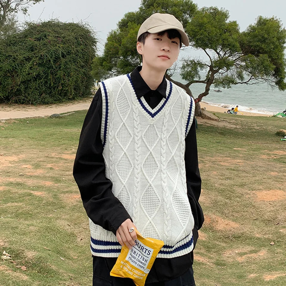 Mens Classic Contrast Color Thermal VNeck Comfortable Cardigan Sleeveless Slight Strech Solid Vest Simple Loose Waistcoat Tops 250107