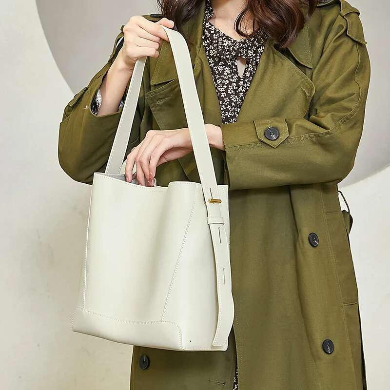 High Quality Women Bucket Solid Bag Split Leather Lady Handbag One-Shoulder Messenger Girl Commute Tote High-Capacity