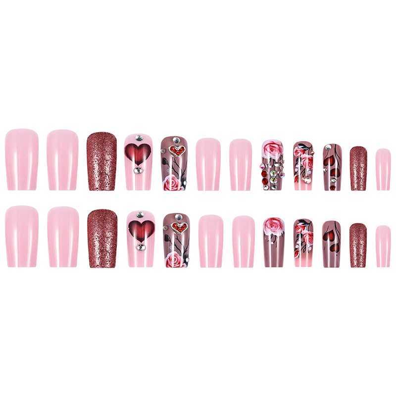 24Pcs Love Rose Press on Nails Valentines Day Red Medium Ladder Flashing Fake Nail for Women Girl Detachable Wearable NailXJ250110