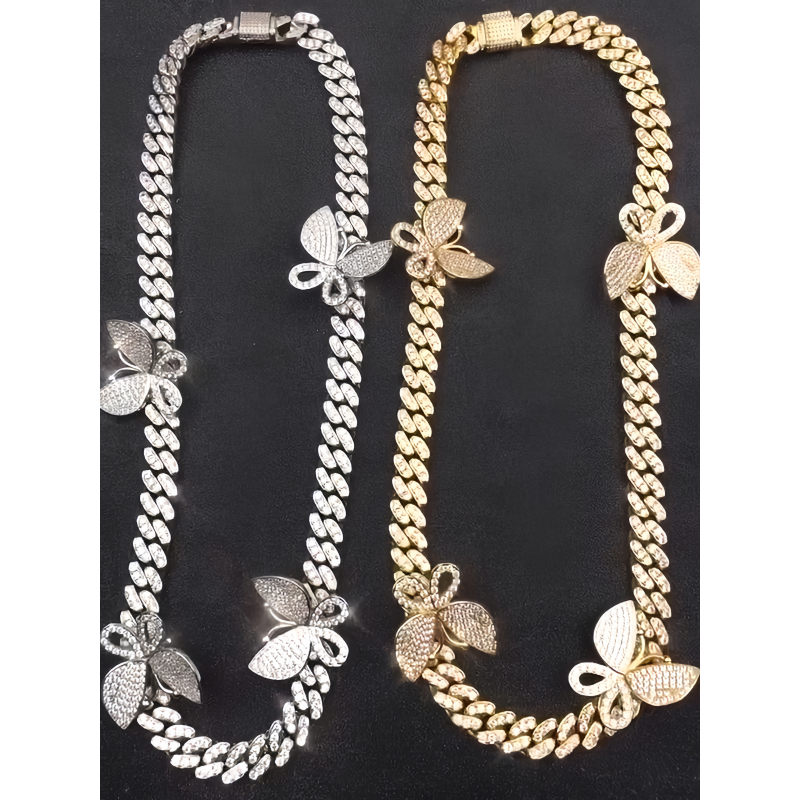 New 18mm pink white zircon s thorns Cuban chain bracelet spring buckle Butterfly necklace
