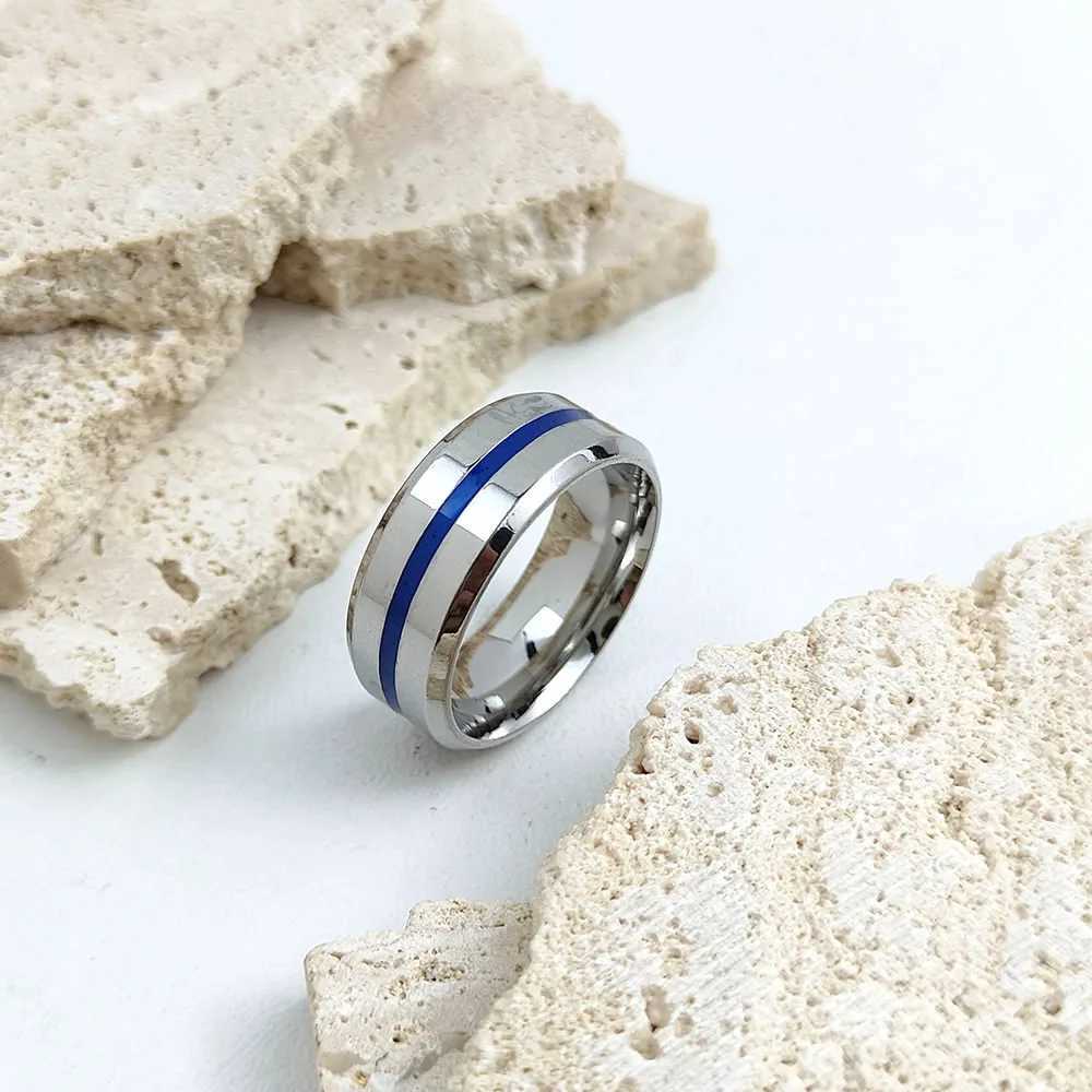 Stylish and charming stainl steel gold-plated mens ring simple blue stripe womens ring wedding party jewelryXJ250110