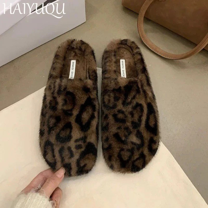 Fur Leopard Women Fluffy slippers Flats Cotton Shoes Mules Woman Trend Fashion Slingback Short Plush Warm Snow Botas Mujer 250106