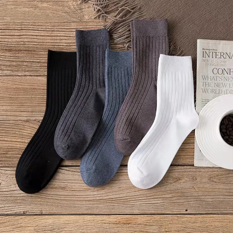 5 Pairs Men's Black and White Warm Socks Set Autumn and Winter Men's Solid Color Casual Business Socks