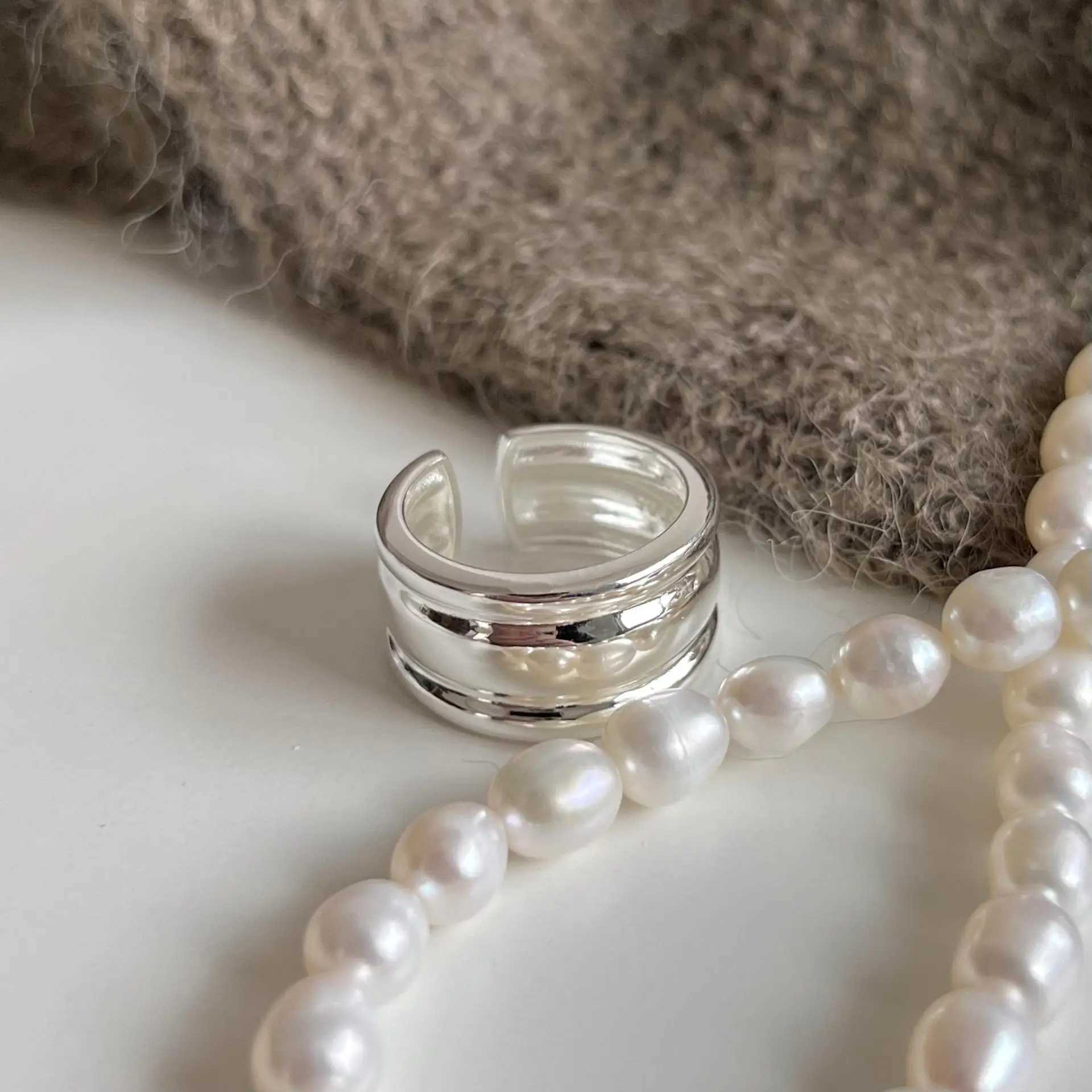 PANJBJ 925 Sterling Silver Thick Double Layer Ring for Women Girl Gift Minimalism Neutral Opening Wide Jewelry DropshippingXJ250110