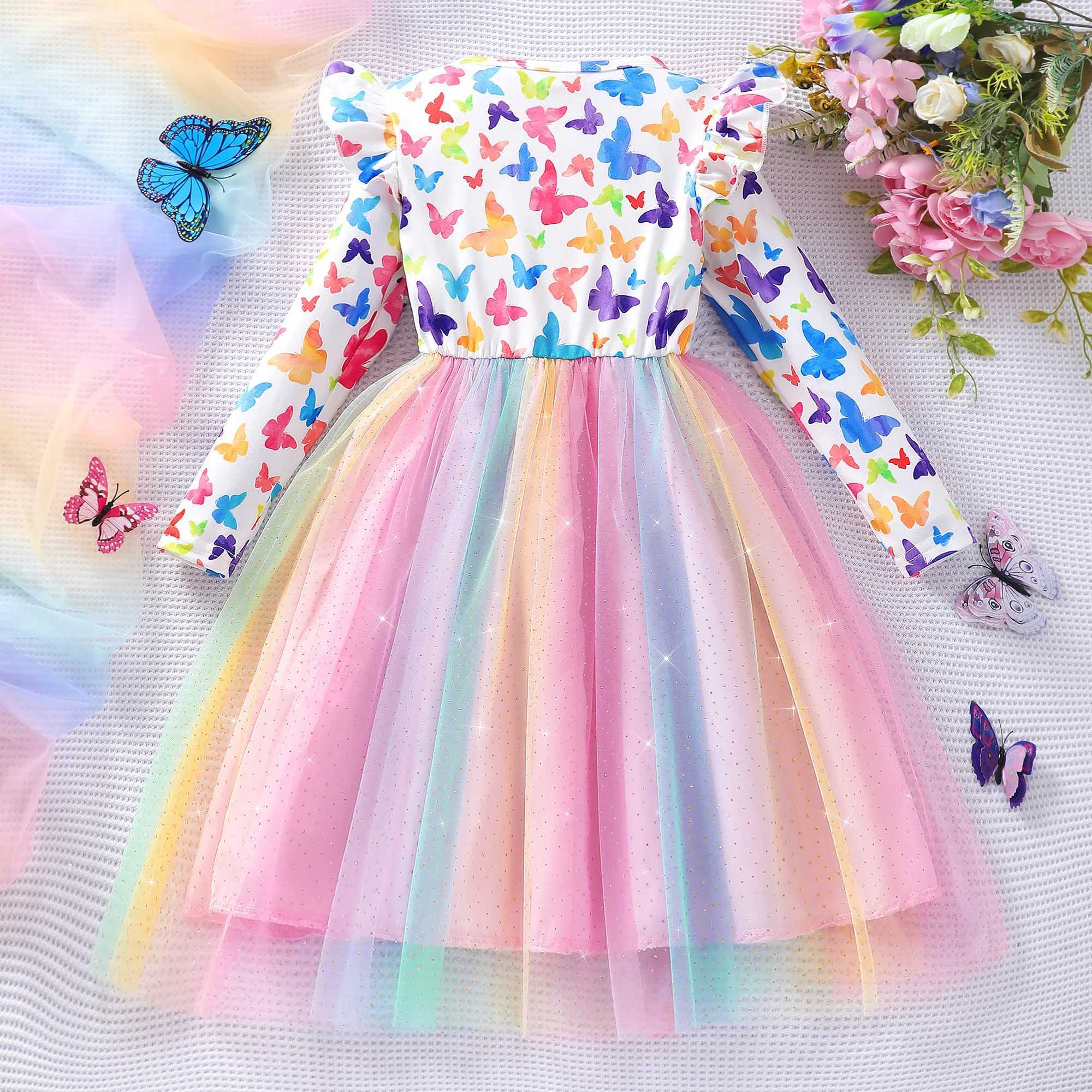 Girls long sleeved round neck rainbow silk screen dress W250111