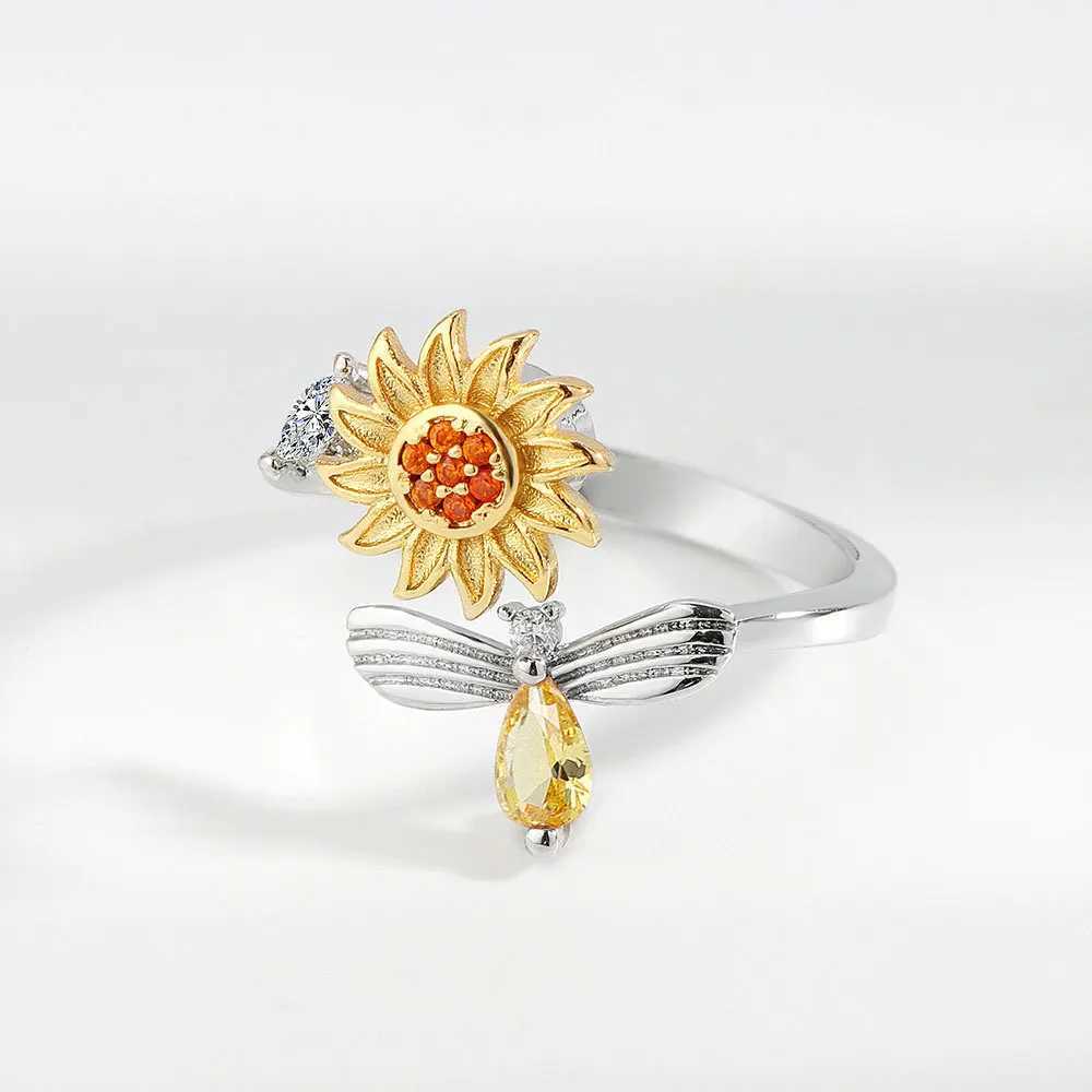 Sam Panda 925 sterling silver sunflower diamond zircon rotating ring womens gift relief Str ring jewelry wholesaleXJ250412
