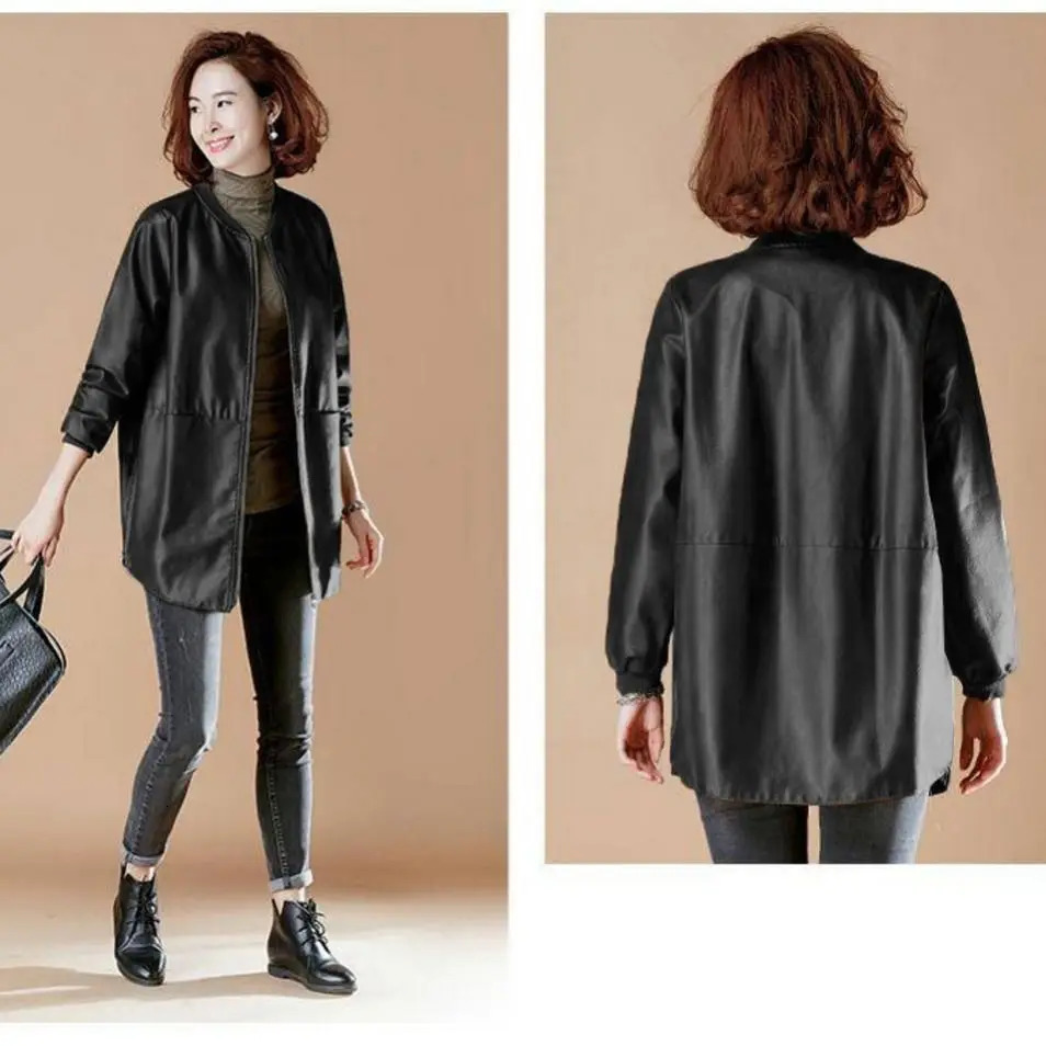 High end Spring and Autumn Leather Coat Womens Trench Slim Large Baseball Jersey Mid length Fashion Casual 250103
