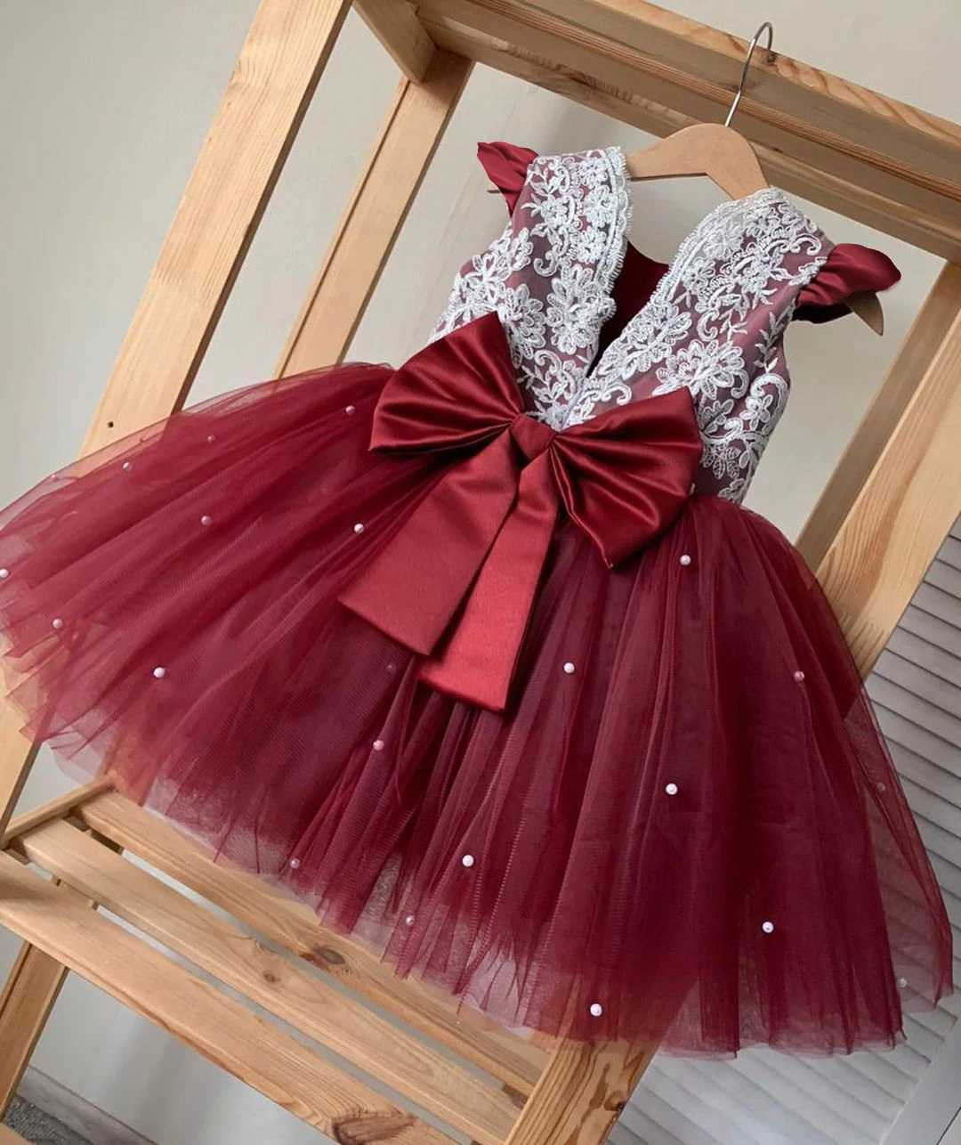 Baby girl bow red lace embroidery Tutu girl dress 1 2 3 4 5th birthday party toddler flower wedding dress W250111