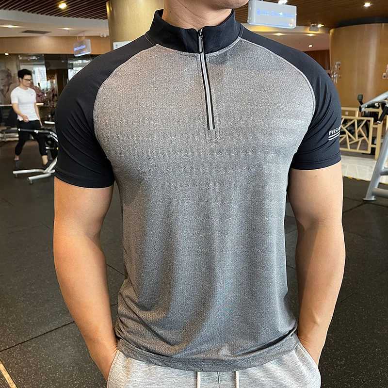 Breathable short sleeved zipper collar mens running and fitness T-shirt elastic quick drying sports and fitness tennis training shirt W250111