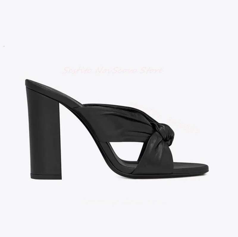 Classic Open Toe Mules Cross Twist Straps Block High Heels Slip On Slippers Hollow Sexy Ladies Summer Suede Casual Sandals