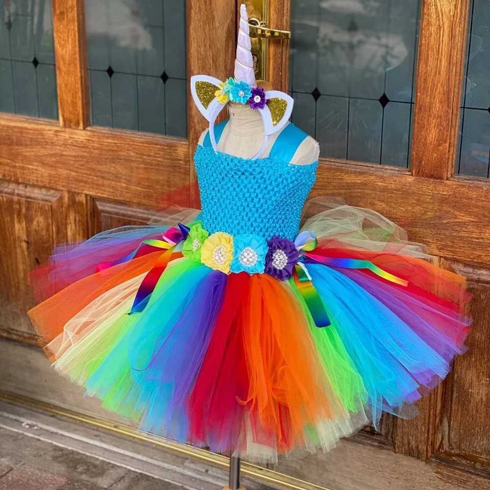Girl Rainbow Tutu Dress Childrens crochet floral chiffon dress with hair Childrens birthday cosplay Par clothing W250111