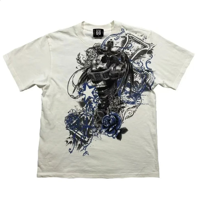 Y2k Harajuku Trend Hip Hop Oversized Tshirt Vintage Goth loose shirt Skull personality n printed short sleeve men clothing 250108