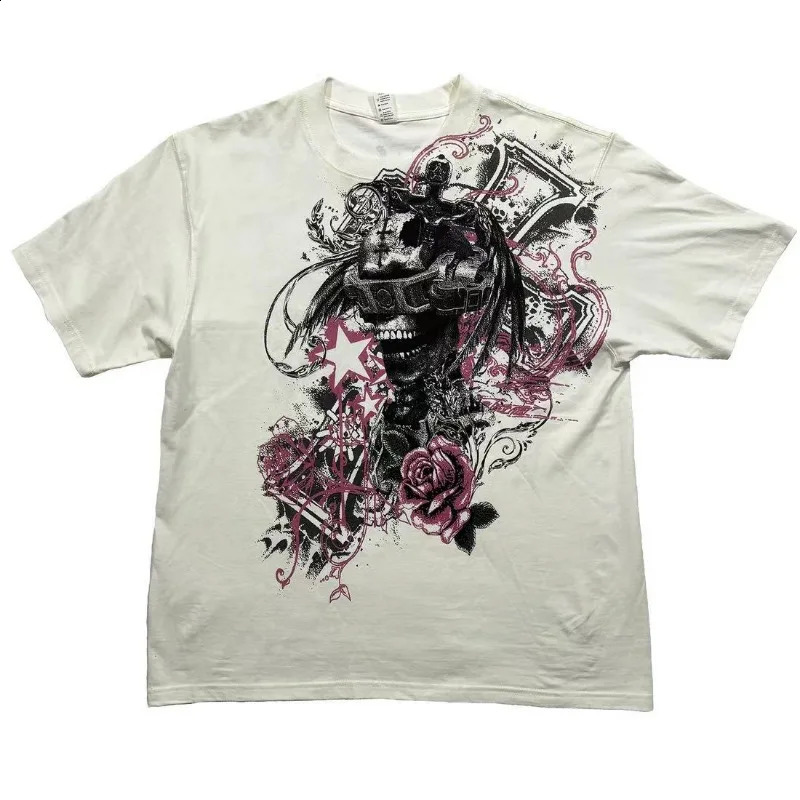 Y2k Harajuku Trend Hip Hop Oversized Tshirt Vintage Goth loose shirt Skull personality n printed short sleeve men clothing 250108