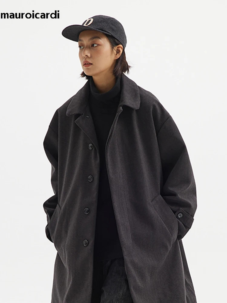 Mauroicardi Autumn Winter Long Warm Thickened Loose Casual Wool Blends Coat Men Single Breasted Japanese Style Fashion 250106