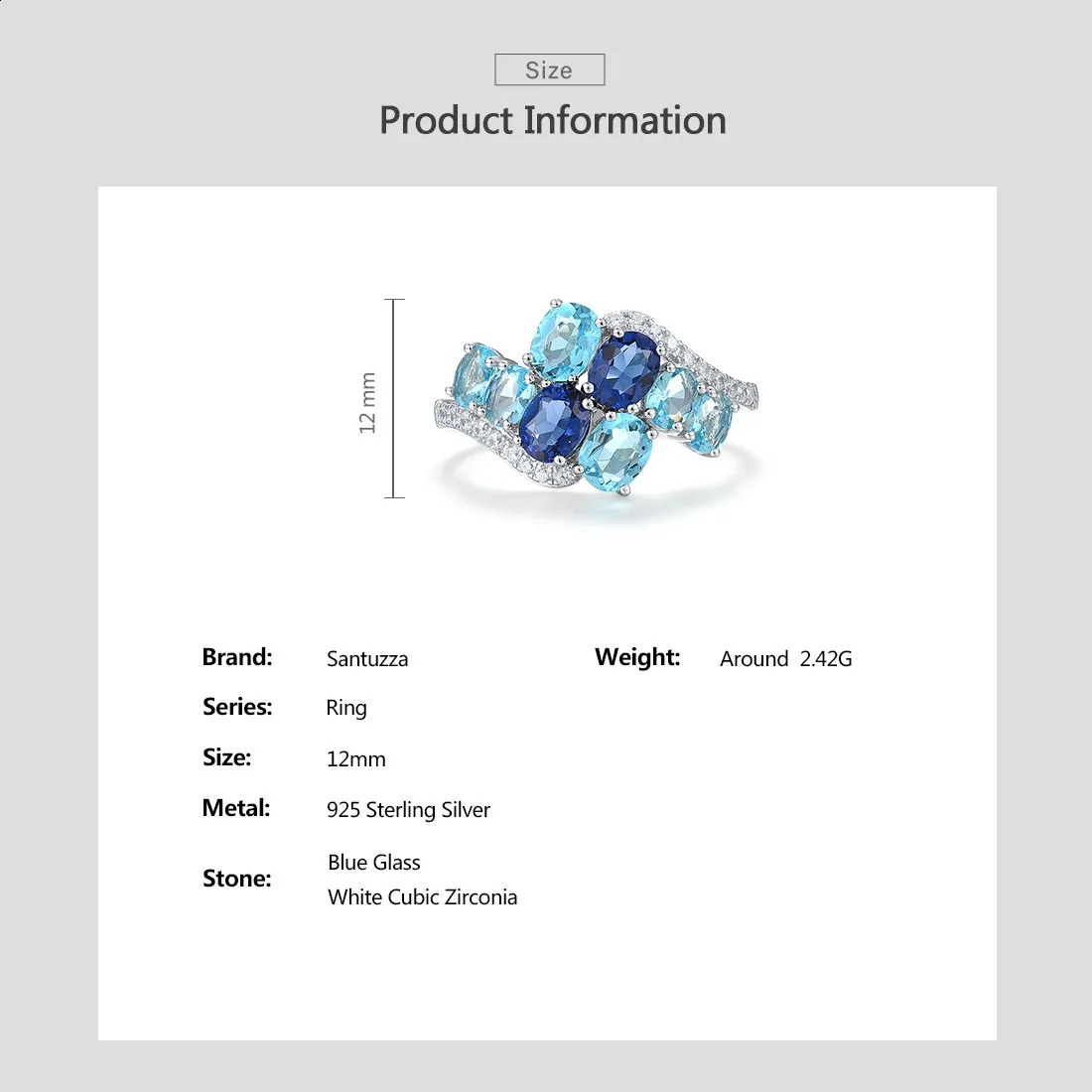 SANTUZZA Pure 925 Sterling Silver Rings For Women Oval Blue Gemstone Round White CZ Cluster Elegant anillos Wedding Fine Jewelry 250106