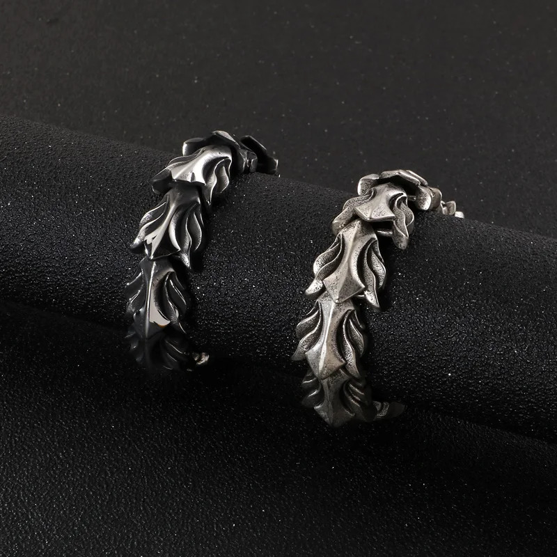 Fongten 17mm wide dragon chain bracelet mens stainless steel charm mens bracelet antique silver jewelry 250109