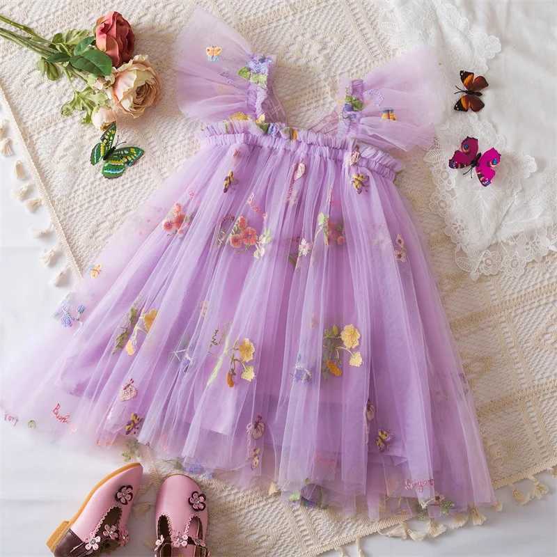 0-5 year girls summer butterfly dress new fly sleeve mesh princess dress baby girls floral embroidery clothing W250111
