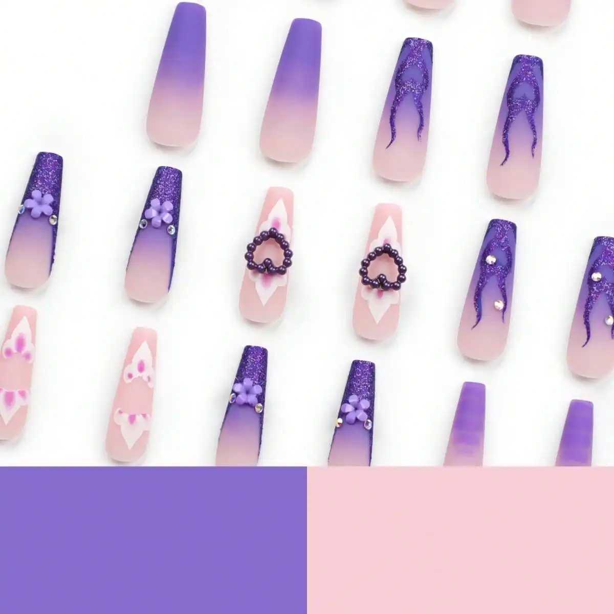 Black Friday y2k 24pcs hand-worn nail coffin A French wear nail piece purple pink flower super long diamond three-dimensional naXJ250110