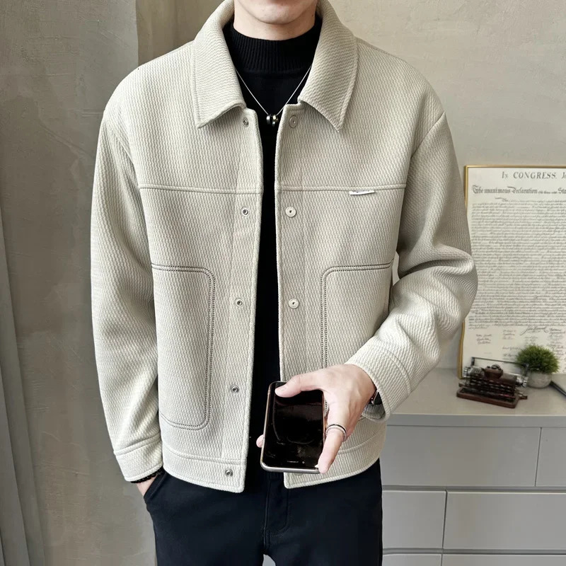 2024 Winter Men Wool Blends Trench Coat Short Jacket Slim Fit Casual Coats Korean Solid Color Streetwear Windbreaker Outwear 250106