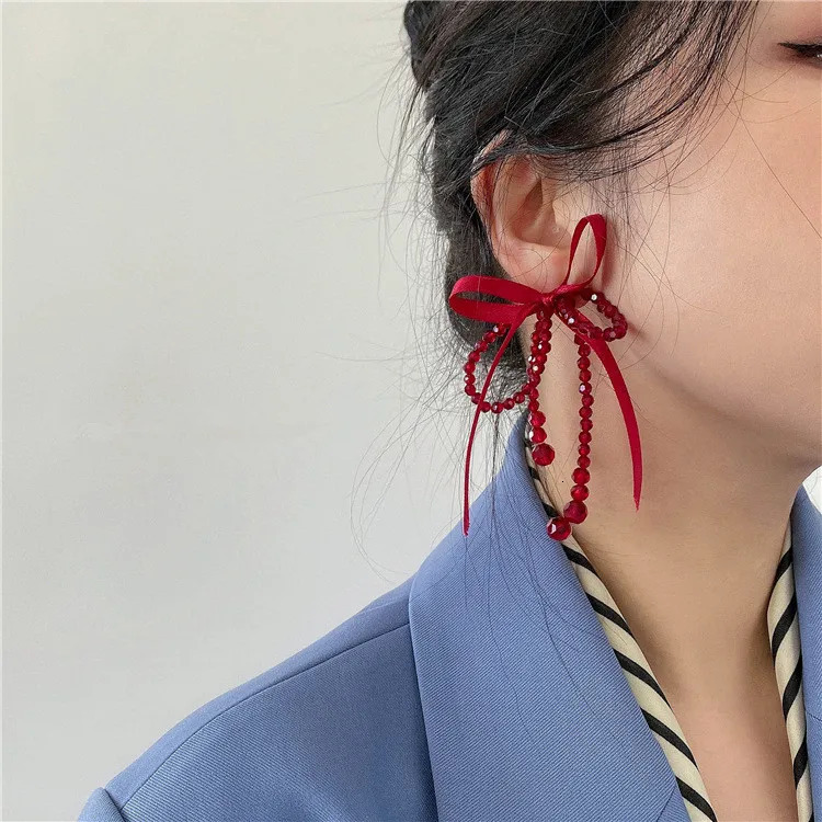 Lucky Red Earrings Personalized Large Ribbon Crystal Knot tassel Long Pendant Earrings Korean Style 250110