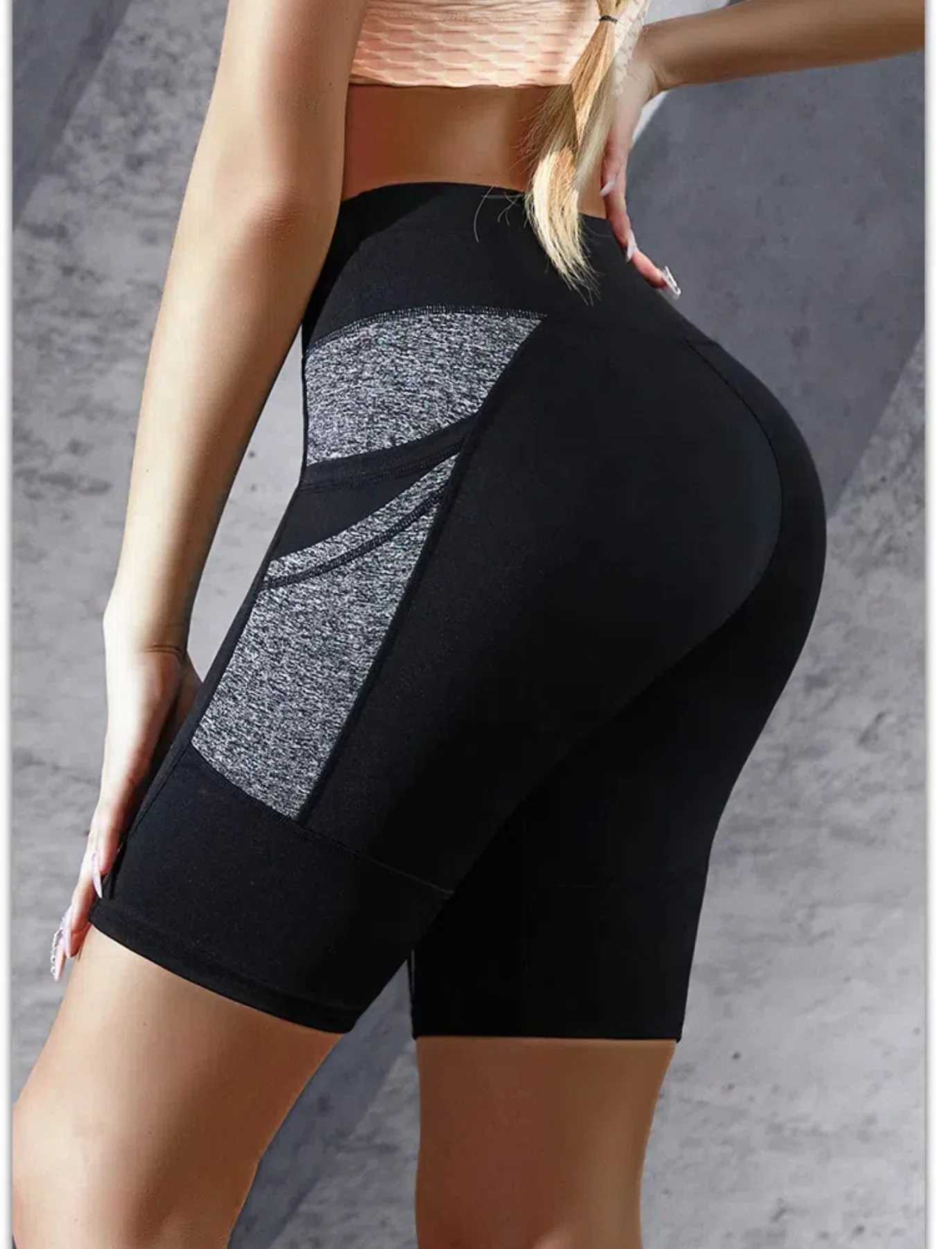 Double Side Pockets Yoga Shorts Colorblocked High Waist Tummy Control Leggings Lift Hips Gym Workout Shorts For WomenXJ250111