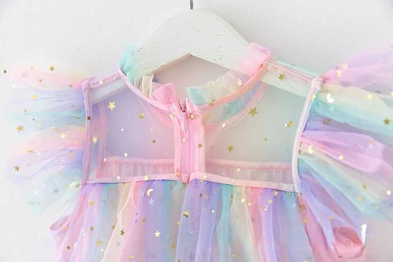 2023 Summer New Girl Par Dress Rainbow Glitter Birthday Princess Costume Childrens Holiday Beach Bathing Net Cake Costume W250111