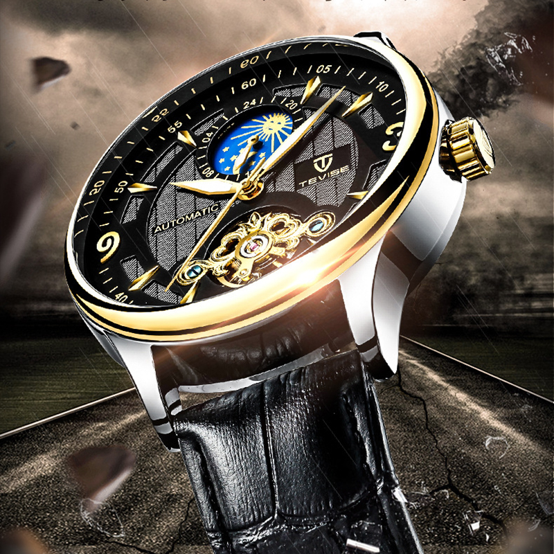 TEVISE Designer Watch Automatic Mechanical Watch Hollowed out Mens Watch with Moon Phase Tourbillon Casual Stainless Steel Strap Waterproof Function T