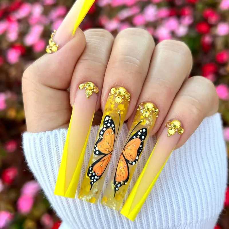 24pcs Artifical Fake Nails Long Coffin French Ballerina Wearable False Nail Tips Finished Rhinstones Flower Design Press on NailXJ250110